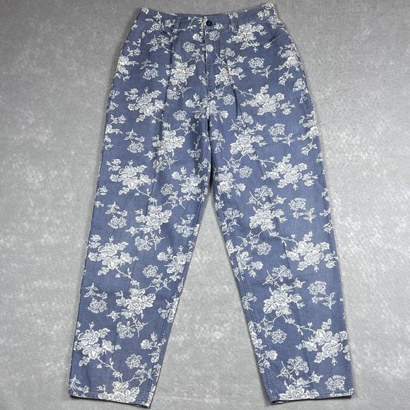 VTG Talbots Pants Women's 8 Blue Irish Linen Blend Floral Cropped Straight - Picture 1 of 12